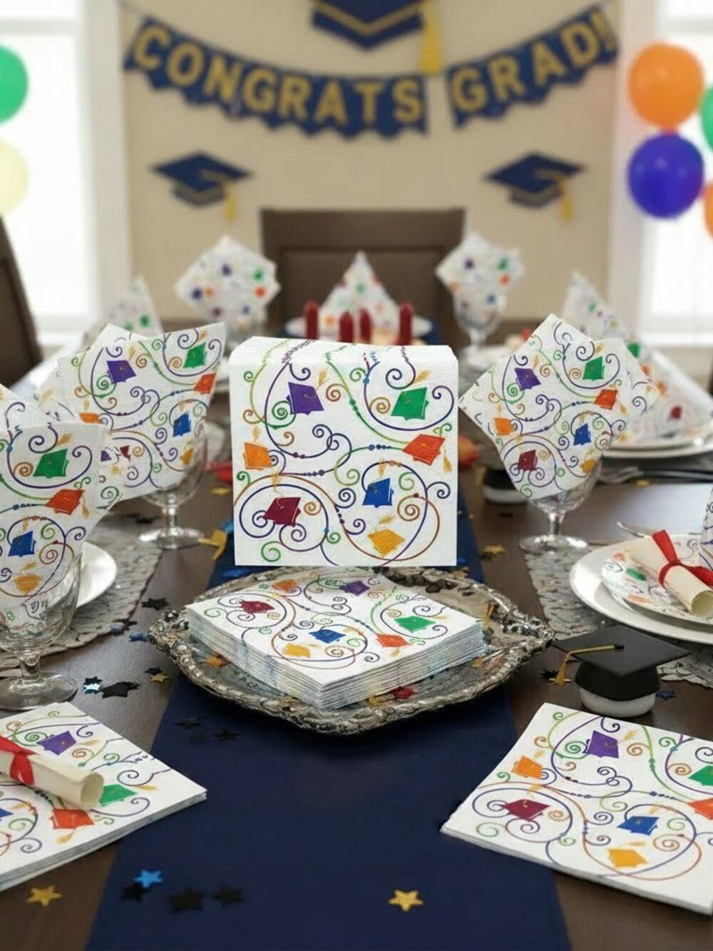 Unique Graduation Napkins 24ct Multicolor Caps Small Beverage Party Supplies 5x5